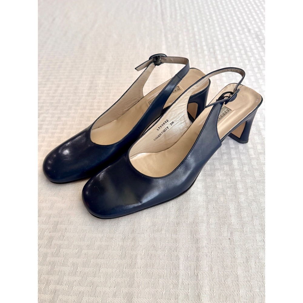 Kenneth Cole New York Navy Leather Slingback Block Heels 90s Vintage Italy 7M